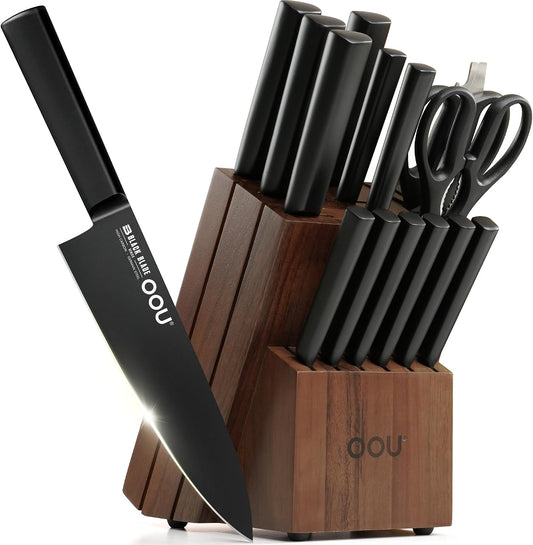 Kitchen Knife Block Set - 15 Pieces High Carbon Stainless Steel Chef Knife Sets, Anti-Rust Black Knives Set with Built-in Sharpener Block, Brown
