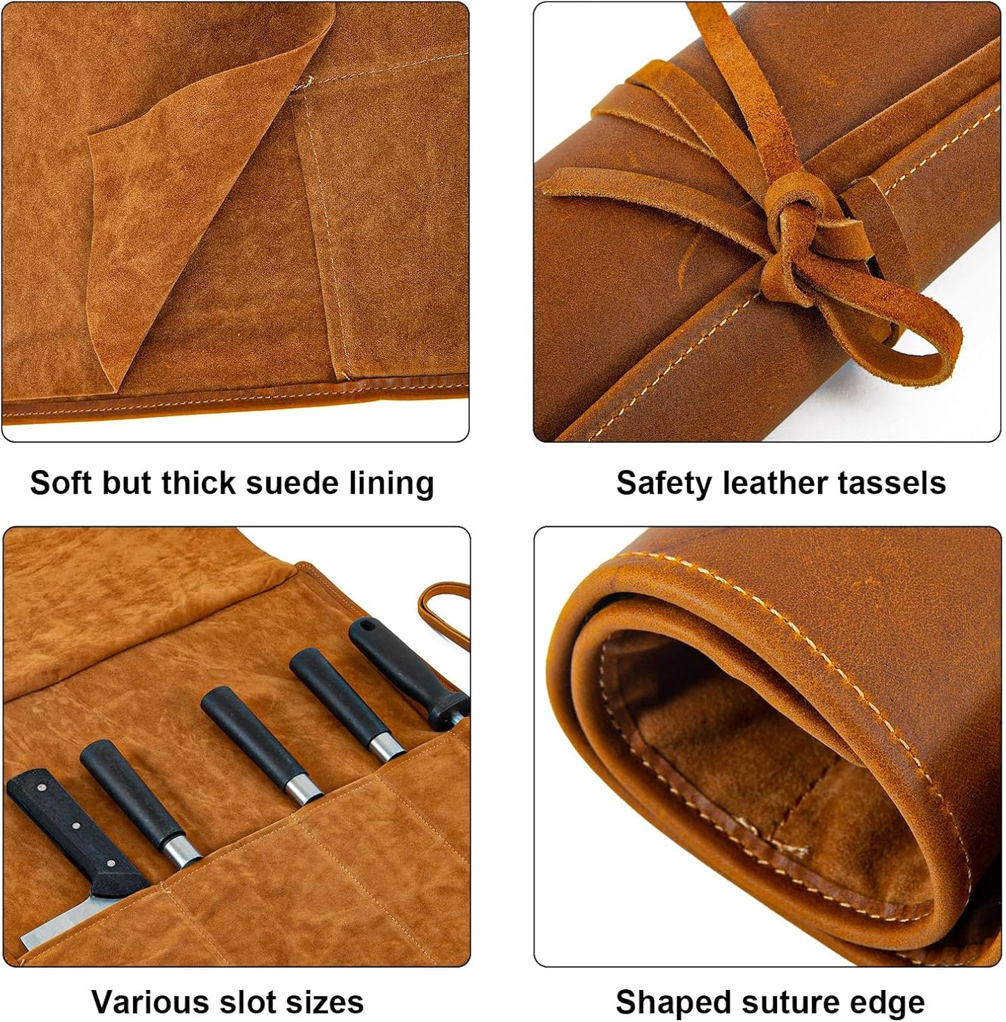 Knife Roll Bag Genuine Leather,Chefs Professional 5 Knives and Cookware,Perfect for The Traveling Chef,Travel Tool Roll Pouch,No Tools Included