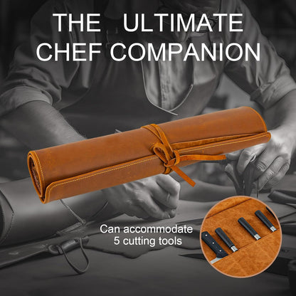 Knife Roll Bag Genuine Leather,Chefs Professional 5 Knives and Cookware,Perfect for The Traveling Chef,Travel Tool Roll Pouch,No Tools Included