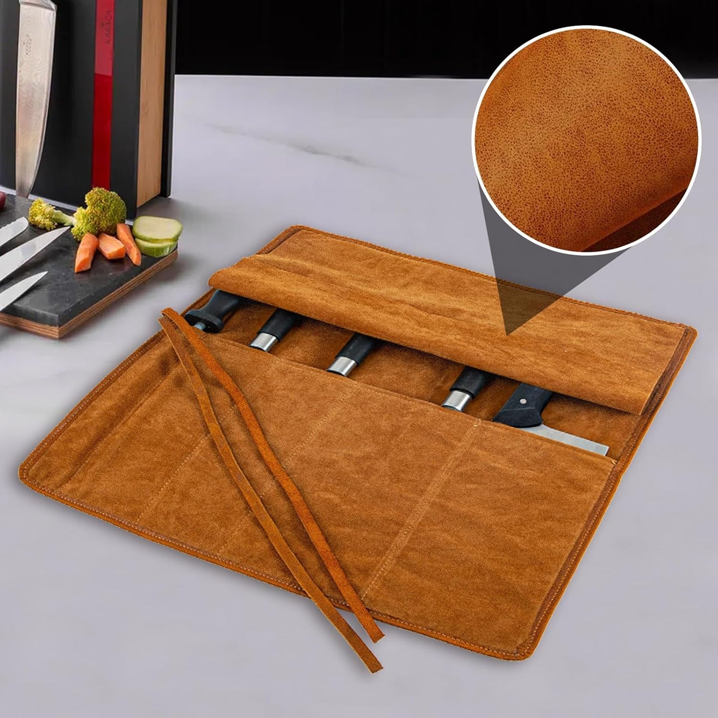 Knife Roll Bag Genuine Leather,Chefs Professional 5 Knives and Cookware,Perfect for The Traveling Chef,Travel Tool Roll Pouch,No Tools Included