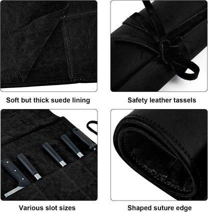 Knife Roll Bag Genuine Leather,Chefs Professional 5 Knives and Cookware,Perfect for The Traveling Chef,Travel Tool Roll Pouch,No Tools Included