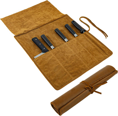Knife Roll Bag Genuine Leather,Chefs Professional 5 Knives and Cookware,Perfect for The Traveling Chef,Travel Tool Roll Pouch,No Tools Included