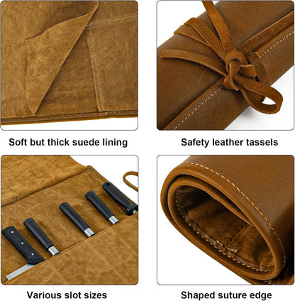 Knife Roll Bag Genuine Leather,Chefs Professional 5 Knives and Cookware,Perfect for The Traveling Chef,Travel Tool Roll Pouch,No Tools Included