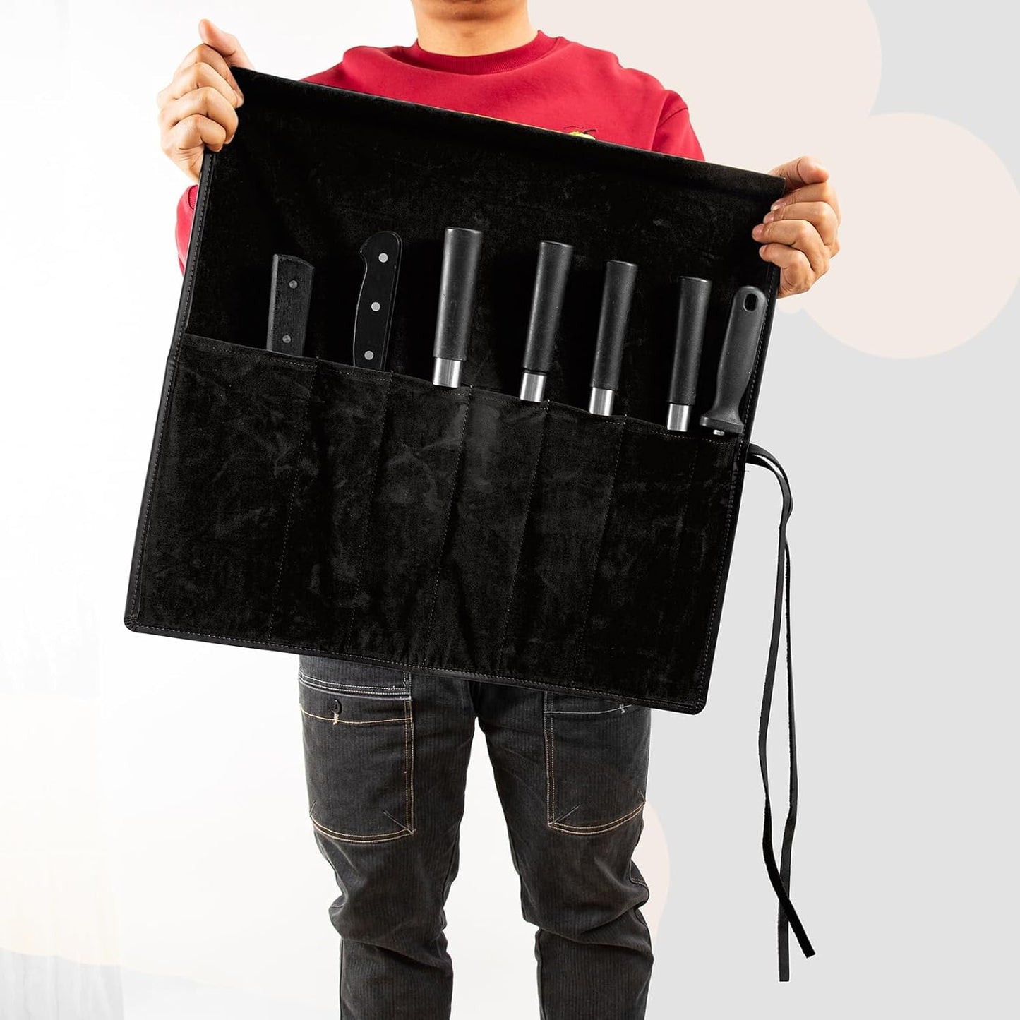 Knife Roll Bag Genuine Leather,Chefs Professional 5 Knives and Cookware,Perfect for The Traveling Chef,Travel Tool Roll Pouch,No Tools Included