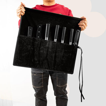 Knife Roll Bag Genuine Leather,Chefs Professional 5 Knives and Cookware,Perfect for The Traveling Chef,Travel Tool Roll Pouch,No Tools Included