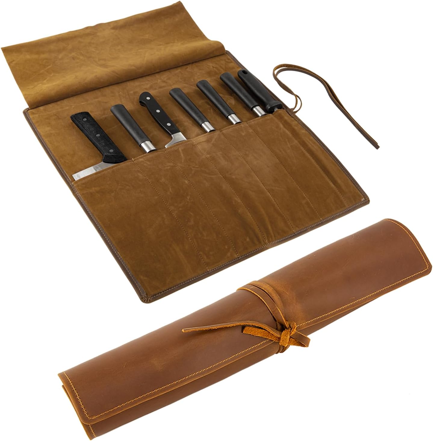 Knife Roll Bag Genuine Leather,Chefs Professional 5 Knives and Cookware,Perfect for The Traveling Chef,Travel Tool Roll Pouch,No Tools Included