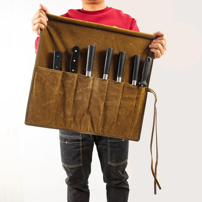 Knife Roll Bag Genuine Leather,Chefs Professional 5 Knives and Cookware,Perfect for The Traveling Chef,Travel Tool Roll Pouch,No Tools Included