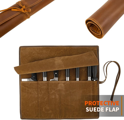 Knife Roll Bag Genuine Leather,Chefs Professional 5 Knives and Cookware,Perfect for The Traveling Chef,Travel Tool Roll Pouch,No Tools Included