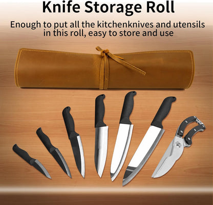 Knife Roll Bag Genuine Leather,Chefs Professional 5 Knives and Cookware,Perfect for The Traveling Chef,Travel Tool Roll Pouch,No Tools Included