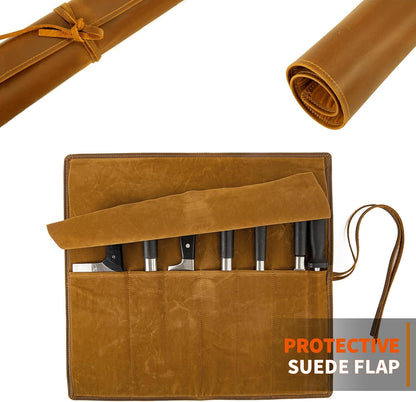 Knife Roll Bag Genuine Leather,Chefs Professional 5 Knives and Cookware,Perfect for The Traveling Chef,Travel Tool Roll Pouch,No Tools Included