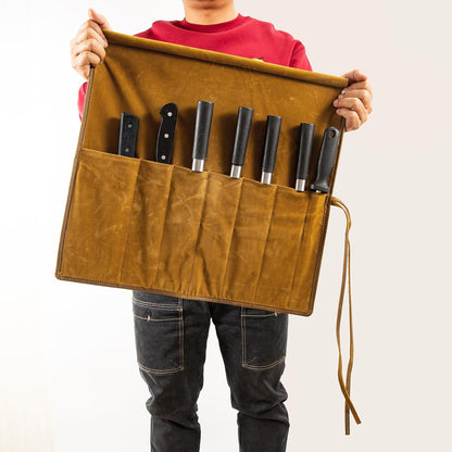 Knife Roll Bag Genuine Leather,Chefs Professional 5 Knives and Cookware,Perfect for The Traveling Chef,Travel Tool Roll Pouch,No Tools Included