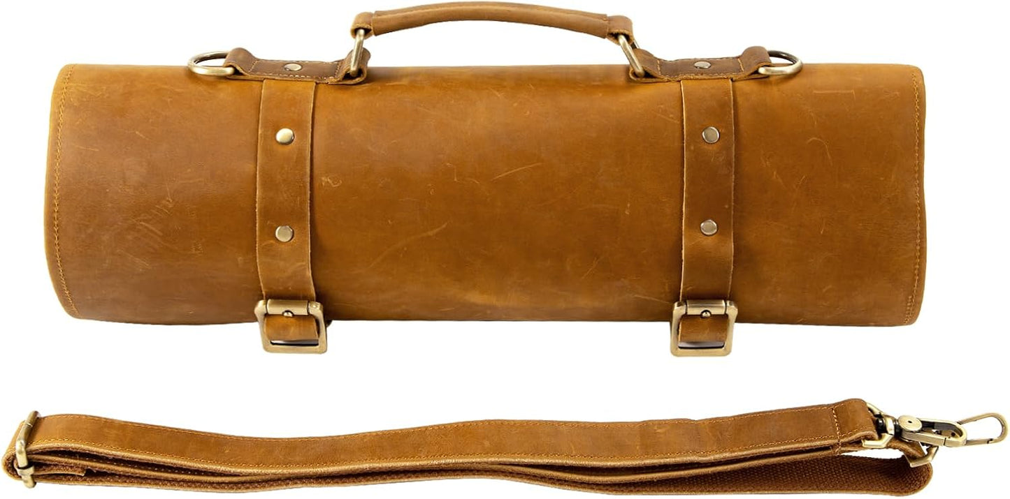 Knife Roll Bag Genuine Leather,Chefs Professional 5 Knives and Cookware,Perfect for The Traveling Chef,Travel Tool Roll Pouch,No Tools Included