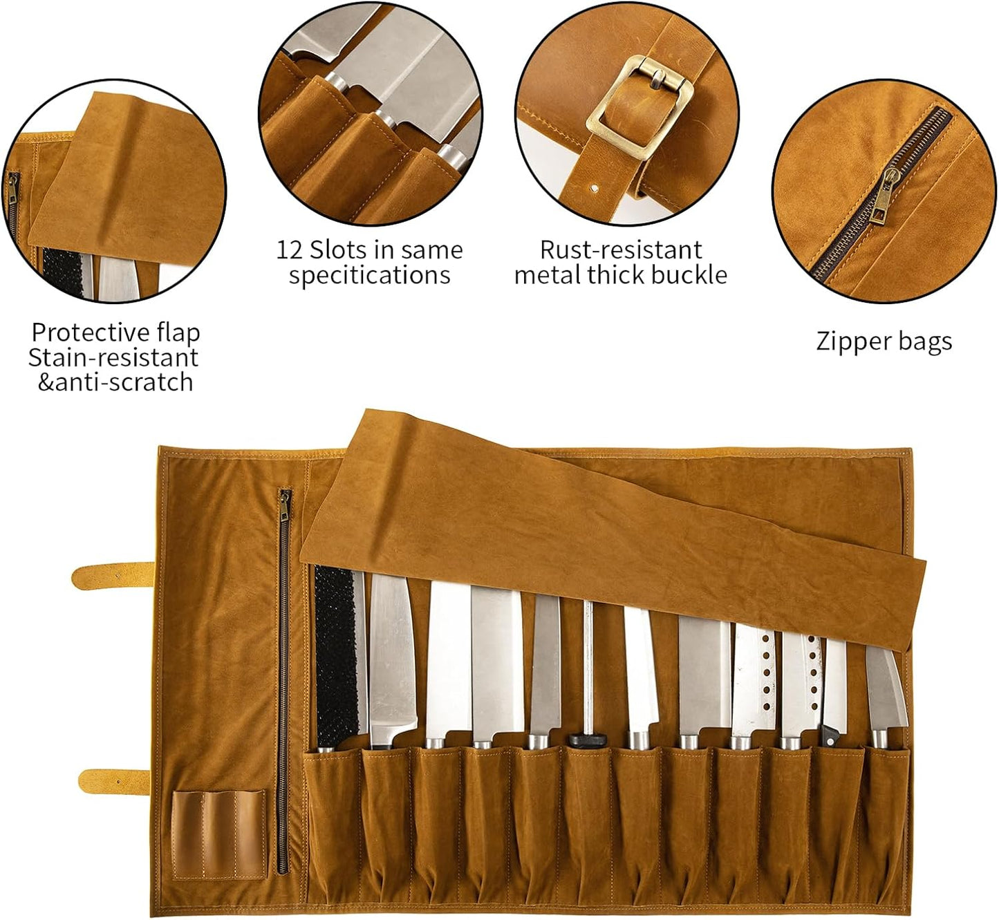 Knife Roll Bag Genuine Leather,Chefs Professional 5 Knives and Cookware,Perfect for The Traveling Chef,Travel Tool Roll Pouch,No Tools Included