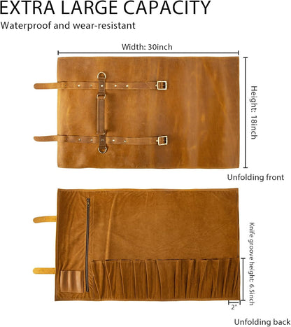 Knife Roll Bag Genuine Leather,Chefs Professional 5 Knives and Cookware,Perfect for The Traveling Chef,Travel Tool Roll Pouch,No Tools Included