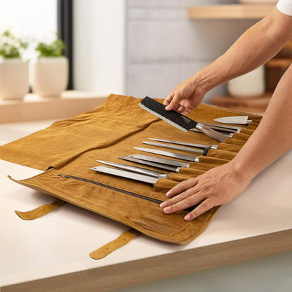 Knife Roll Bag Genuine Leather,Chefs Professional 5 Knives and Cookware,Perfect for The Traveling Chef,Travel Tool Roll Pouch,No Tools Included