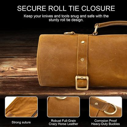 Knife Roll Bag Genuine Leather,Chefs Professional 5 Knives and Cookware,Perfect for The Traveling Chef,Travel Tool Roll Pouch,No Tools Included
