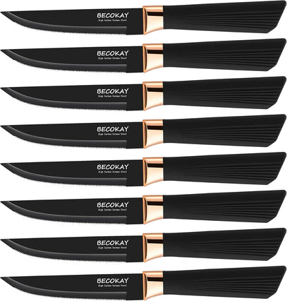 Steak Knives Set of 8, German Steel Serrated Steak Knives with Ergonomically Designed Soft Touch Handle (Black)