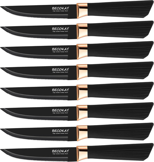 Steak Knives Set of 8, German Steel Serrated Steak Knives with Ergonomically Designed Soft Touch Handle (Black)