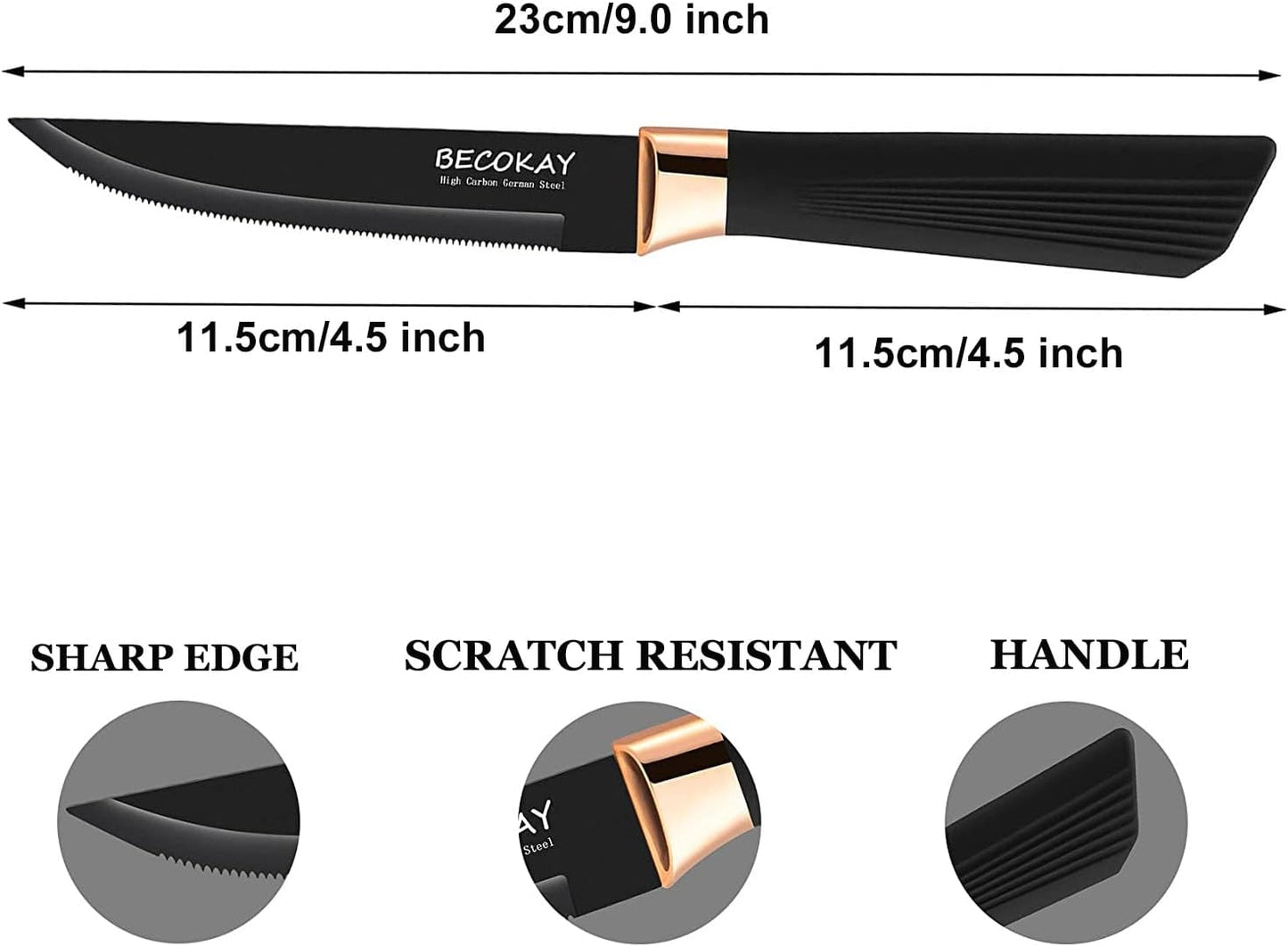 Steak Knives Set of 8, German Steel Serrated Steak Knives with Ergonomically Designed Soft Touch Handle (Black)