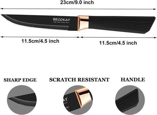 Steak Knives Set of 8, German Steel Serrated Steak Knives with Ergonomically Designed Soft Touch Handle (Black)