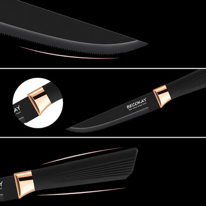 Steak Knives Set of 8, German Steel Serrated Steak Knives with Ergonomically Designed Soft Touch Handle (Black)