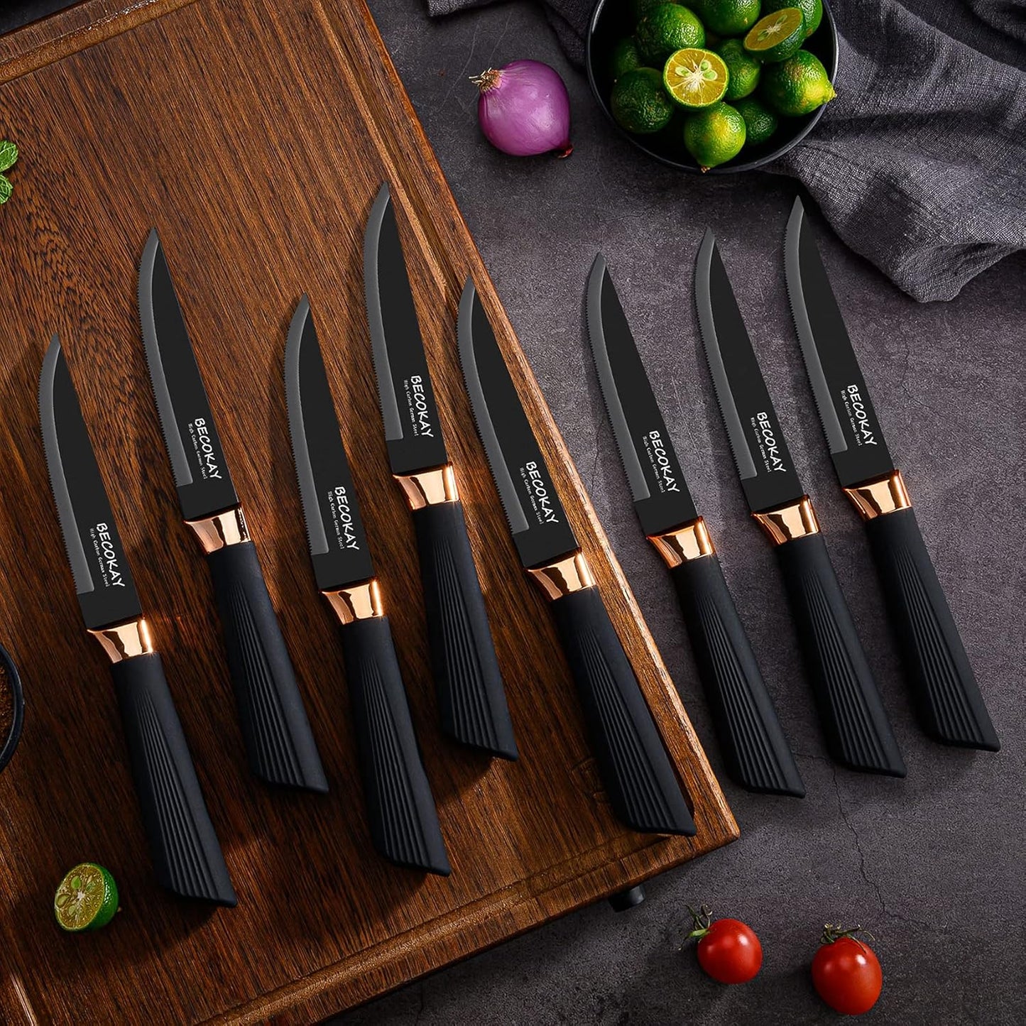 Steak Knives Set of 8, German Steel Serrated Steak Knives with Ergonomically Designed Soft Touch Handle (Black)