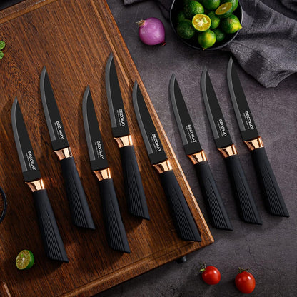 Steak Knives Set of 8, German Steel Serrated Steak Knives with Ergonomically Designed Soft Touch Handle (Black)