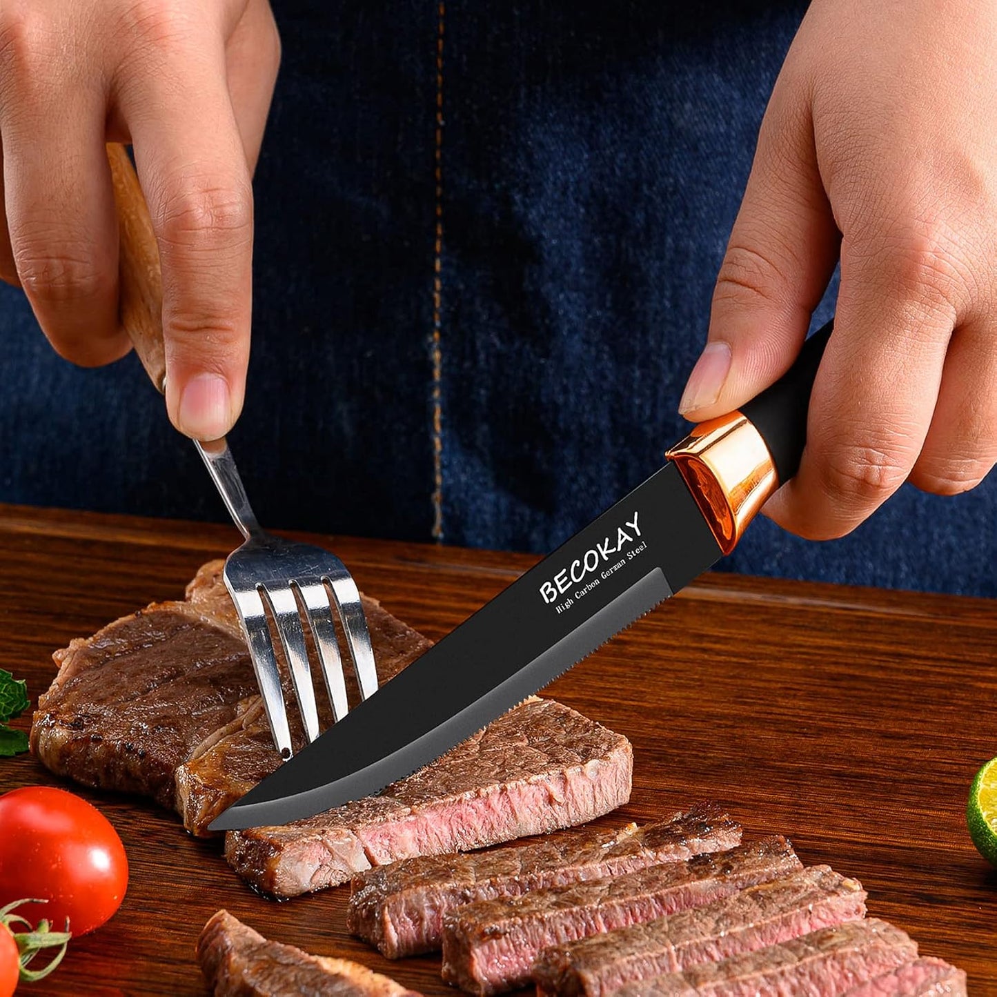 Steak Knives Set of 8, German Steel Serrated Steak Knives with Ergonomically Designed Soft Touch Handle (Black)