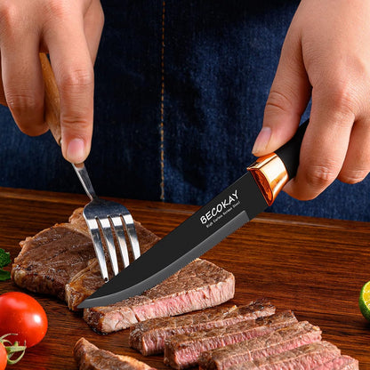 Steak Knives Set of 8, German Steel Serrated Steak Knives with Ergonomically Designed Soft Touch Handle (Black)