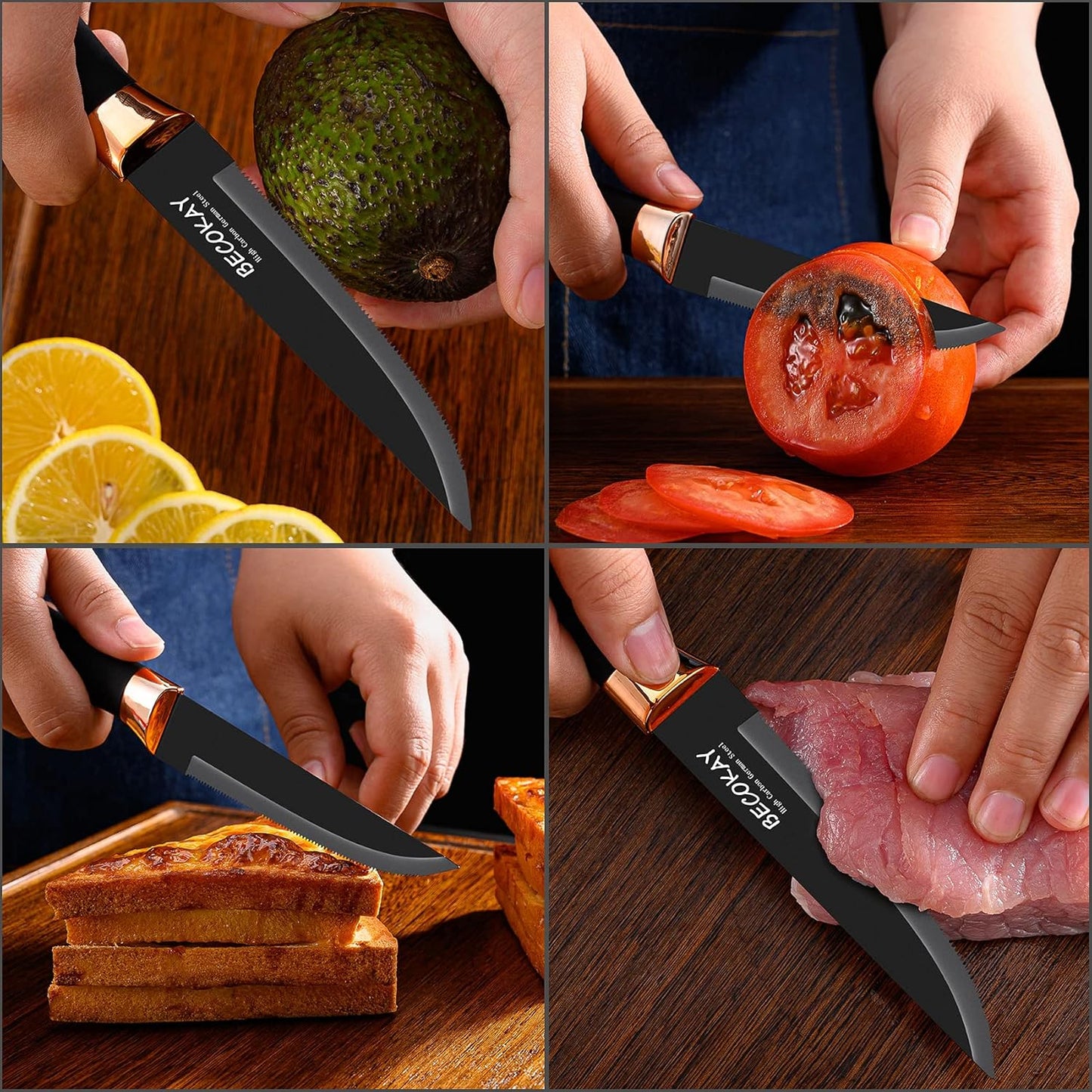 Steak Knives Set of 8, German Steel Serrated Steak Knives with Ergonomically Designed Soft Touch Handle (Black)