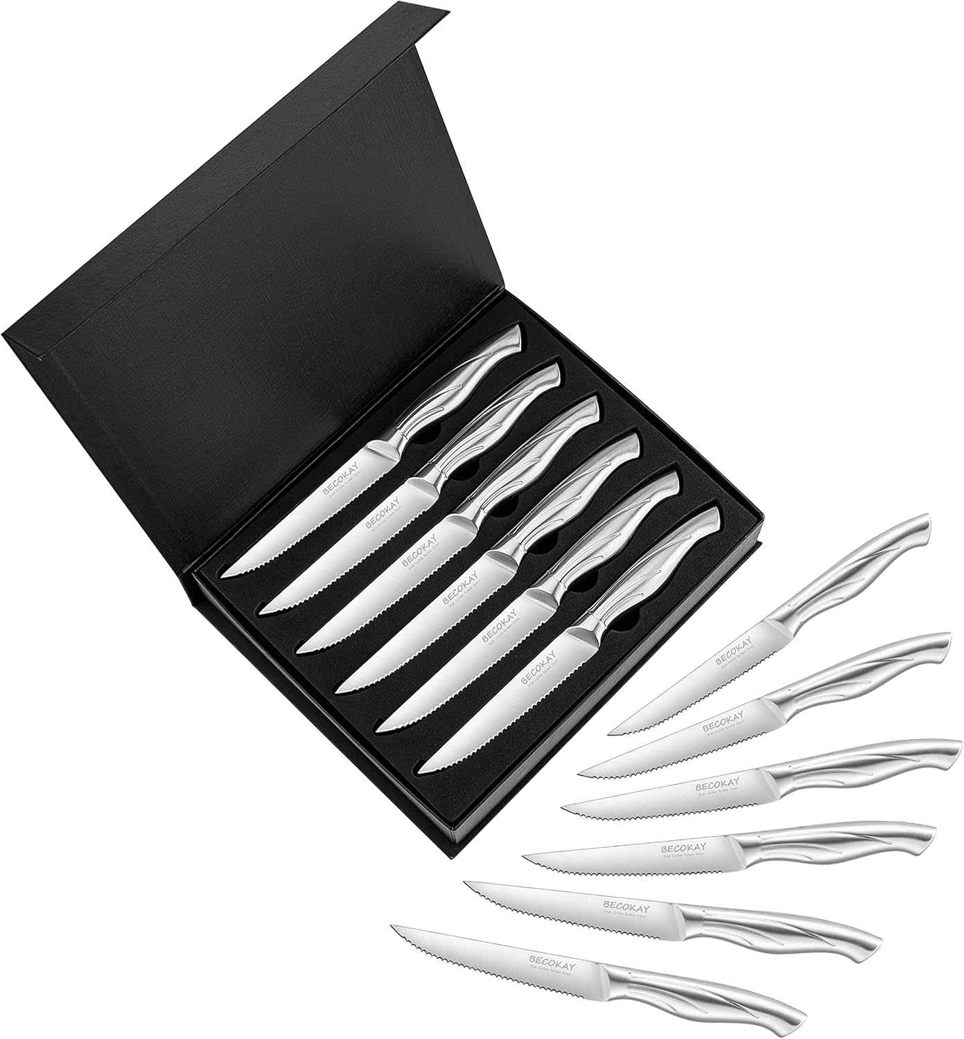 Steak Knives Set of 8, German Steel Serrated Steak Knives with Ergonomically Designed Soft Touch Handle (Black)