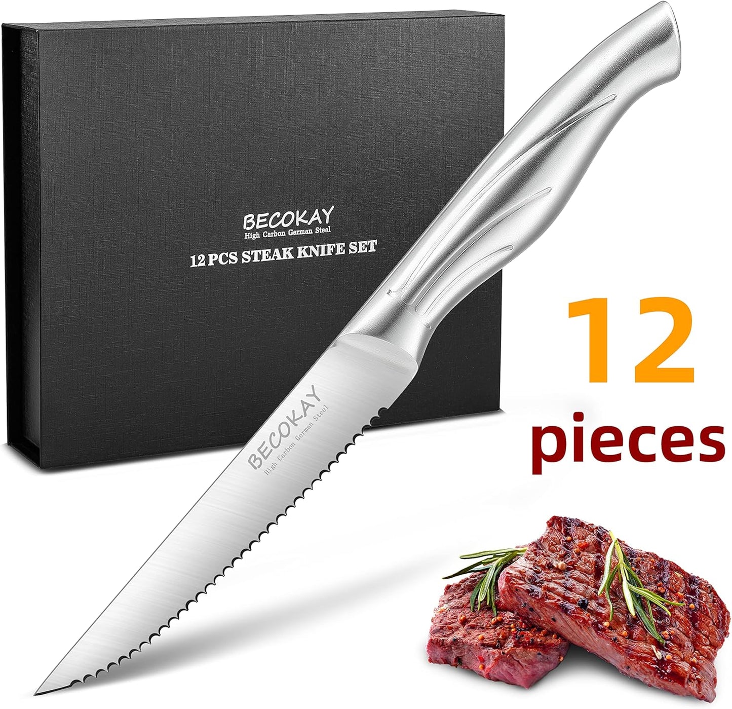 Steak Knives Set of 8, German Steel Serrated Steak Knives with Ergonomically Designed Soft Touch Handle (Black)