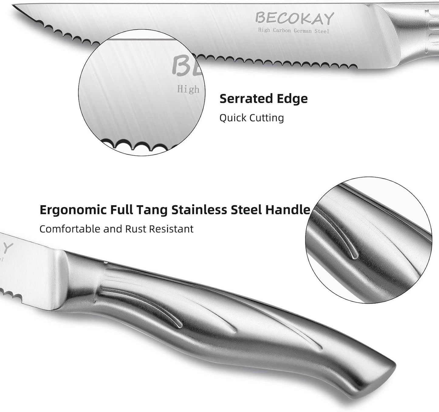 Steak Knives Set of 8, German Steel Serrated Steak Knives with Ergonomically Designed Soft Touch Handle (Black)