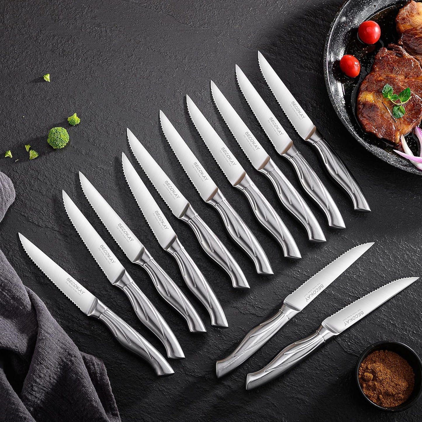 Steak Knives Set of 8, German Steel Serrated Steak Knives with Ergonomically Designed Soft Touch Handle (Black)