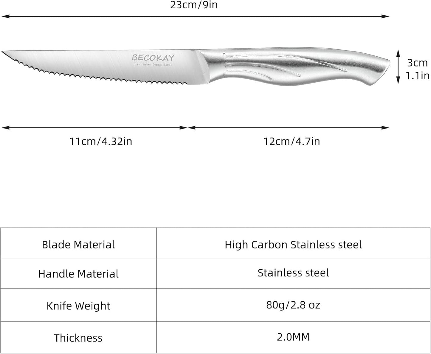 Steak Knives Set of 8, German Steel Serrated Steak Knives with Ergonomically Designed Soft Touch Handle (Black)