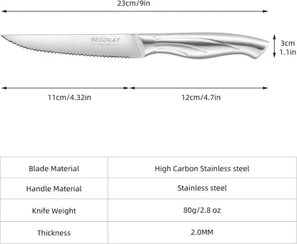 Steak Knives Set of 8, German Steel Serrated Steak Knives with Ergonomically Designed Soft Touch Handle (Black)