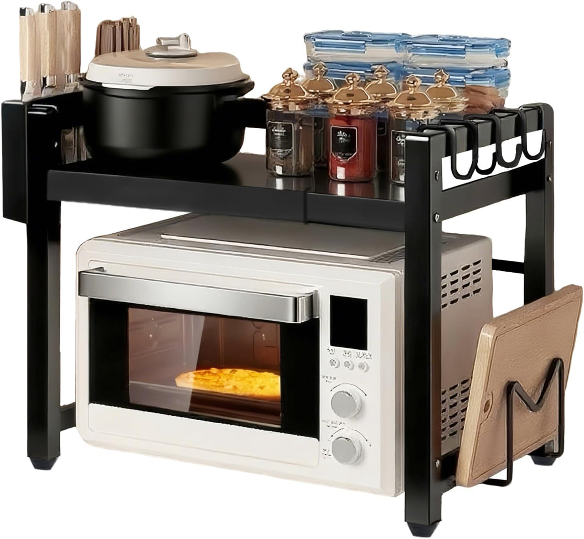 Microwave Stand Countertop Microwave Shelf Rack, Heavy Duty Microwave Shelf with Cutting Boards Stand, Knife Rack and Chopstick Holder, Kitchen Shelves Organizer Holds 55lbs, 6 Hooks (2-Tier)