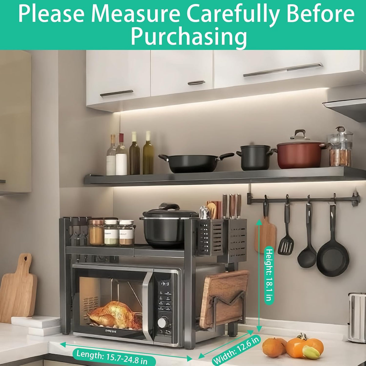 Microwave Stand Countertop Microwave Shelf Rack, Heavy Duty Microwave Shelf with Cutting Boards Stand, Knife Rack and Chopstick Holder, Kitchen Shelves Organizer Holds 55lbs, 6 Hooks (2-Tier)