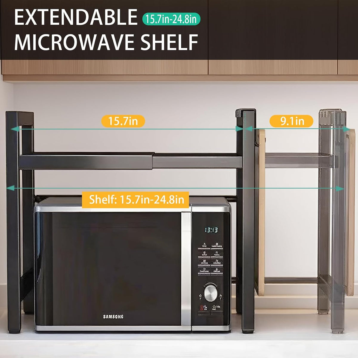 Microwave Stand Countertop Microwave Shelf Rack, Heavy Duty Microwave Shelf with Cutting Boards Stand, Knife Rack and Chopstick Holder, Kitchen Shelves Organizer Holds 55lbs, 6 Hooks (2-Tier)