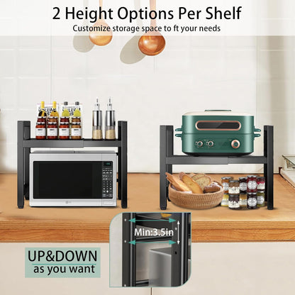Microwave Stand Countertop Microwave Shelf Rack, Heavy Duty Microwave Shelf with Cutting Boards Stand, Knife Rack and Chopstick Holder, Kitchen Shelves Organizer Holds 55lbs, 6 Hooks (2-Tier)