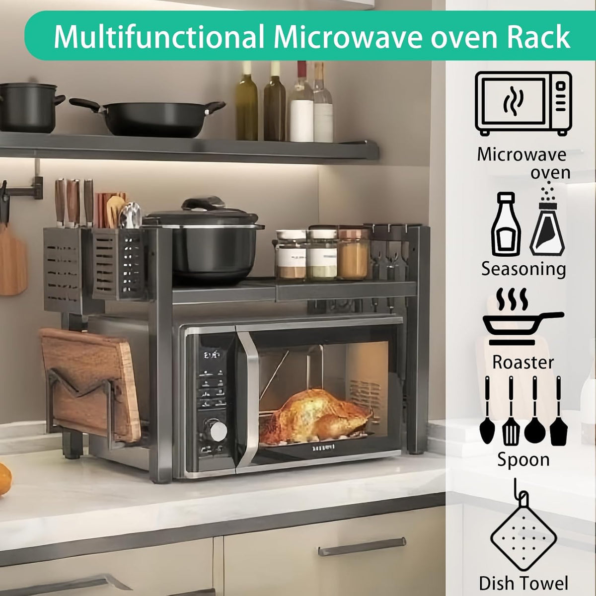 Microwave Stand Countertop Microwave Shelf Rack, Heavy Duty Microwave Shelf with Cutting Boards Stand, Knife Rack and Chopstick Holder, Kitchen Shelves Organizer Holds 55lbs, 6 Hooks (2-Tier)