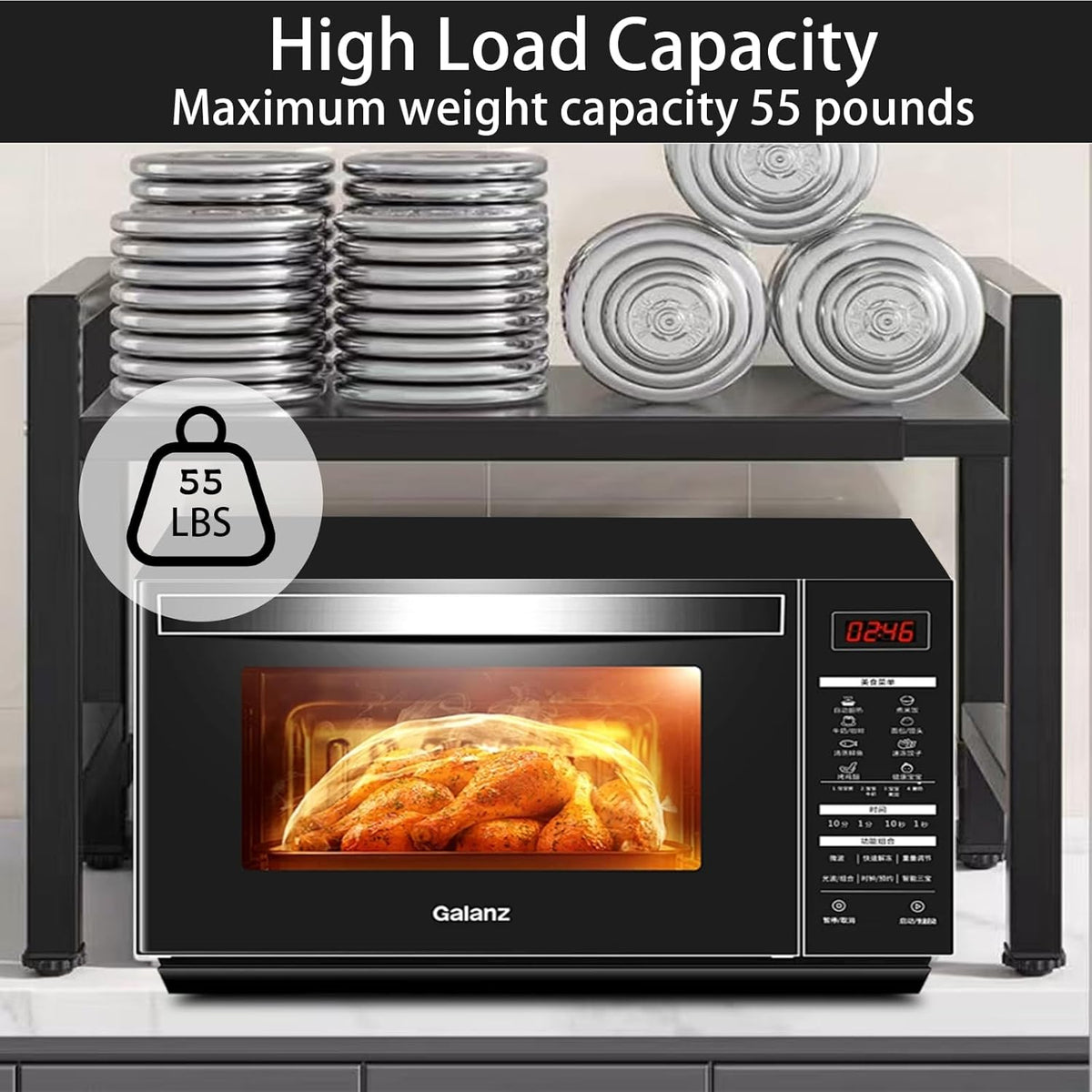 Microwave Stand Countertop Microwave Shelf Rack, Heavy Duty Microwave Shelf with Cutting Boards Stand, Knife Rack and Chopstick Holder, Kitchen Shelves Organizer Holds 55lbs, 6 Hooks (2-Tier)