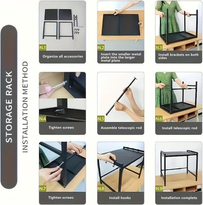 Microwave Stand Countertop Microwave Shelf Rack, Heavy Duty Microwave Shelf with Cutting Boards Stand, Knife Rack and Chopstick Holder, Kitchen Shelves Organizer Holds 55lbs, 6 Hooks (2-Tier)