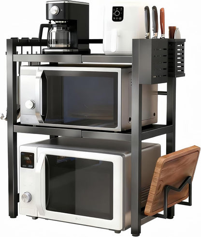 Microwave Stand Countertop Microwave Shelf Rack, Heavy Duty Microwave Shelf with Cutting Boards Stand, Knife Rack and Chopstick Holder, Kitchen Shelves Organizer Holds 55lbs, 6 Hooks (2-Tier)