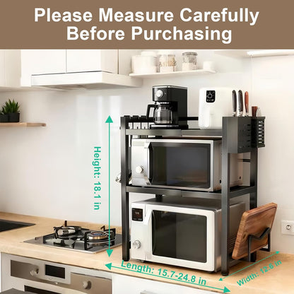 Microwave Stand Countertop Microwave Shelf Rack, Heavy Duty Microwave Shelf with Cutting Boards Stand, Knife Rack and Chopstick Holder, Kitchen Shelves Organizer Holds 55lbs, 6 Hooks (2-Tier)