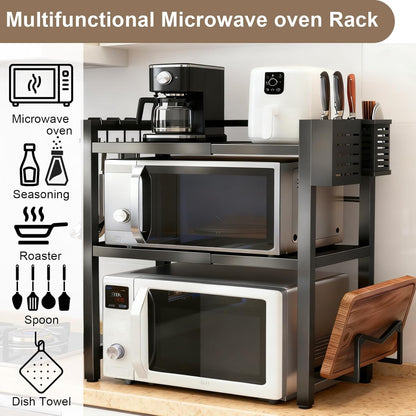 Microwave Stand Countertop Microwave Shelf Rack, Heavy Duty Microwave Shelf with Cutting Boards Stand, Knife Rack and Chopstick Holder, Kitchen Shelves Organizer Holds 55lbs, 6 Hooks (2-Tier)