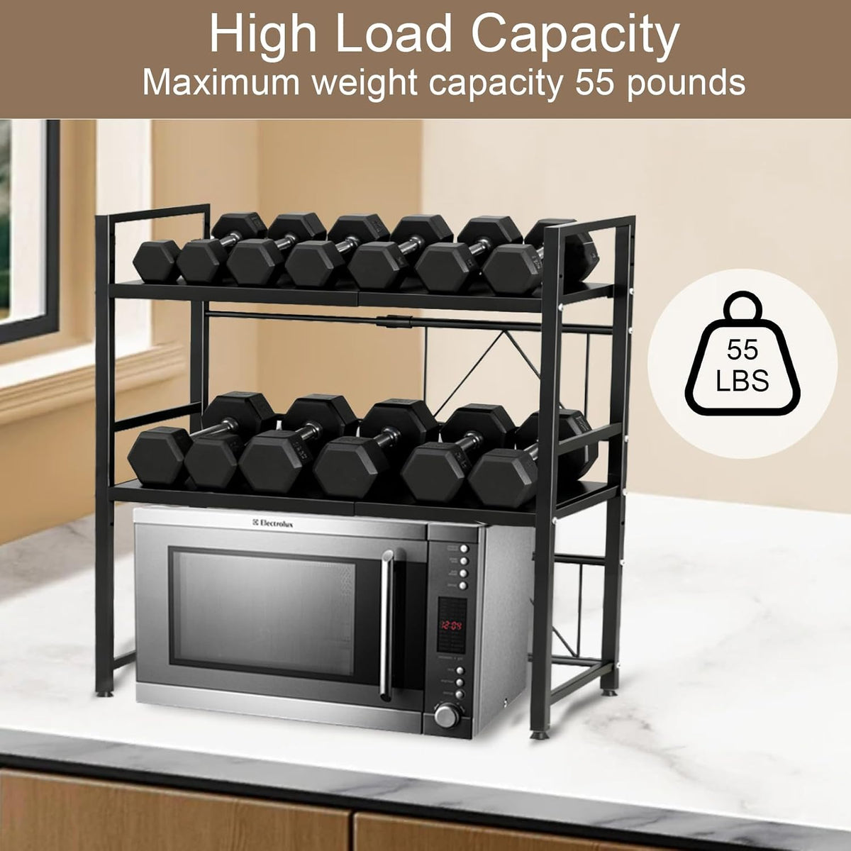 Microwave Stand Countertop Microwave Shelf Rack, Heavy Duty Microwave Shelf with Cutting Boards Stand, Knife Rack and Chopstick Holder, Kitchen Shelves Organizer Holds 55lbs, 6 Hooks (2-Tier)