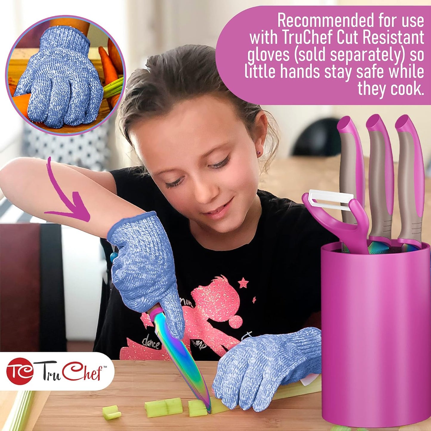 5-Piece Kids Knife Set for Real Cooking | Stainless Steel Chef, Paring & Serrated Knives with Peeler & Holder | Safe Junior Chef Cooking Set for Kids (5 pcs, Pink)