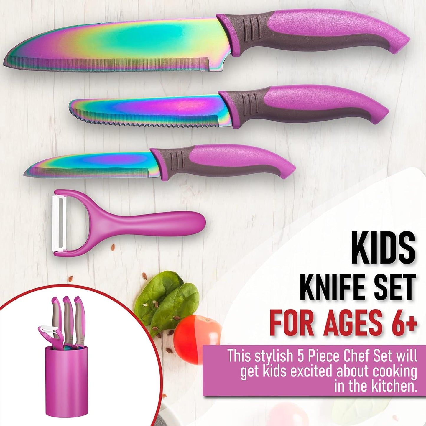 5-Piece Kids Knife Set for Real Cooking | Stainless Steel Chef, Paring & Serrated Knives with Peeler & Holder | Safe Junior Chef Cooking Set for Kids (5 pcs, Pink)