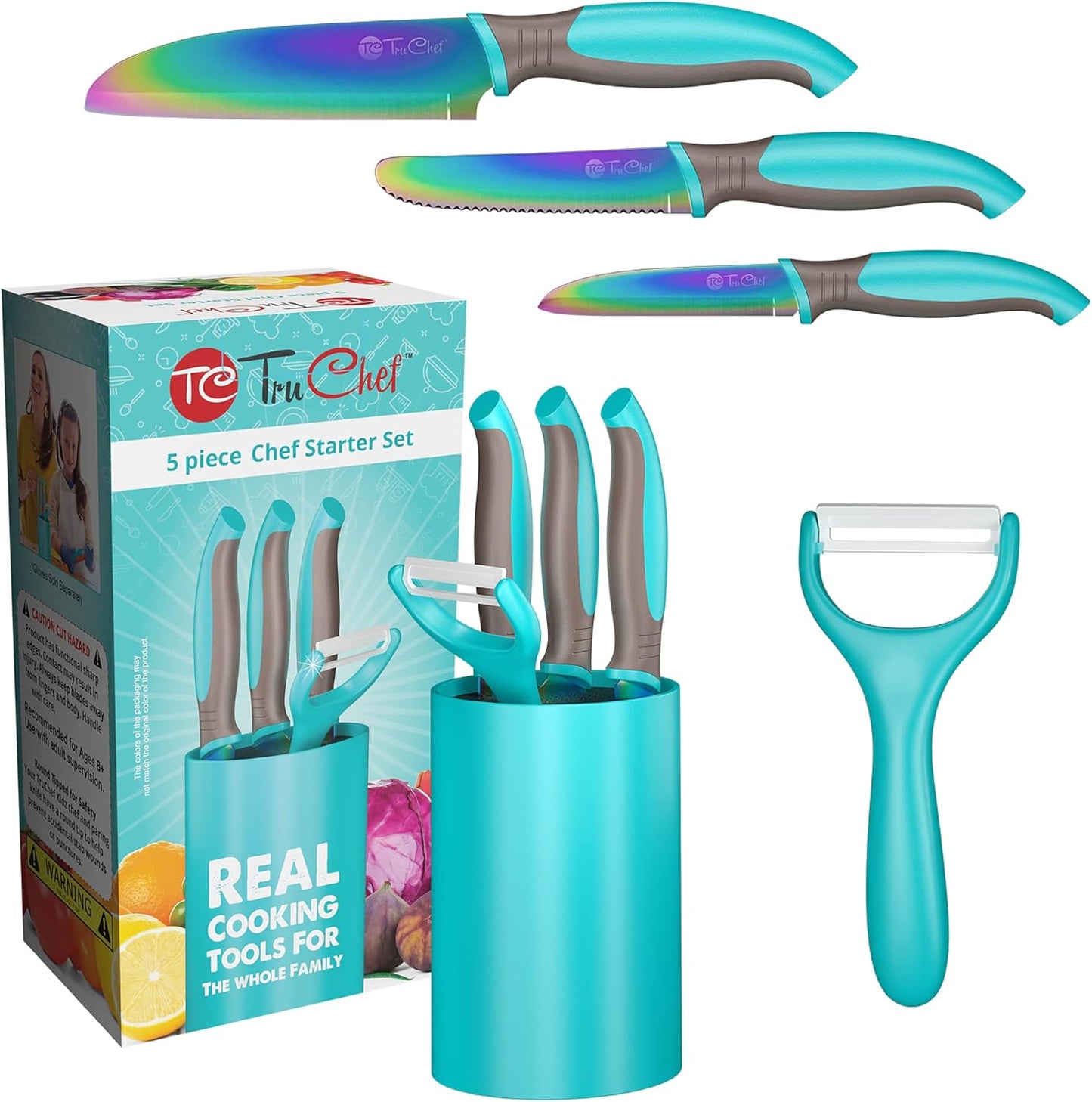 5-Piece Kids Knife Set for Real Cooking | Stainless Steel Chef, Paring & Serrated Knives with Peeler & Holder | Safe Junior Chef Cooking Set for Kids (5 pcs, Pink)